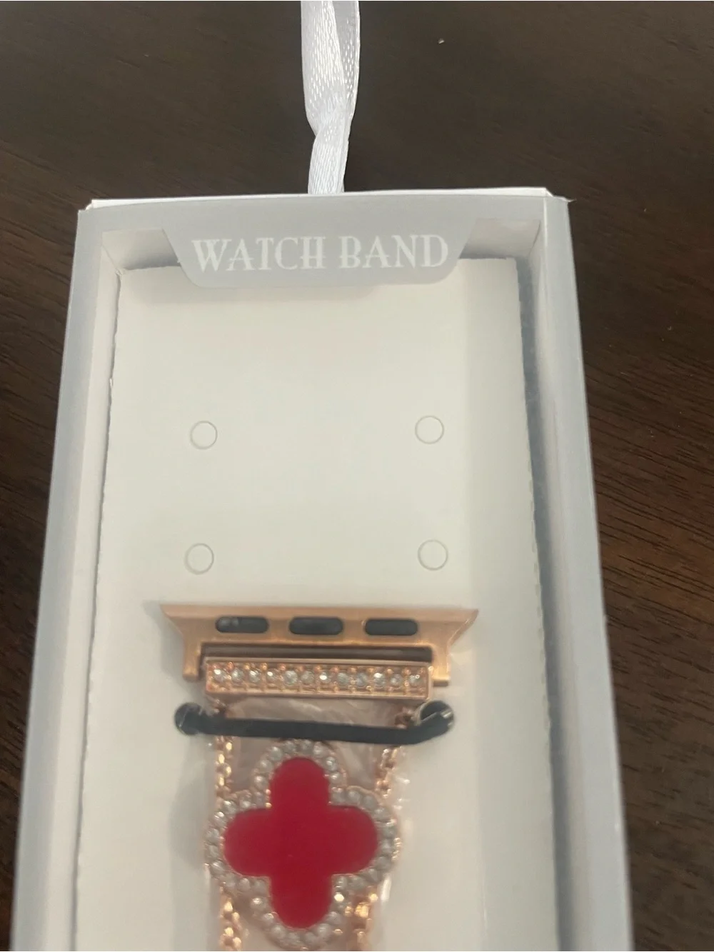 Rose Gold Metal Smartwatch Band with Red Clover Accents